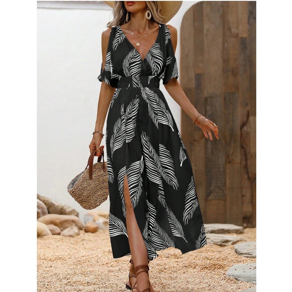 Unbranded Maxi Dress Women 1XL Black White Palm Leaf Cold Shoulder Slit
